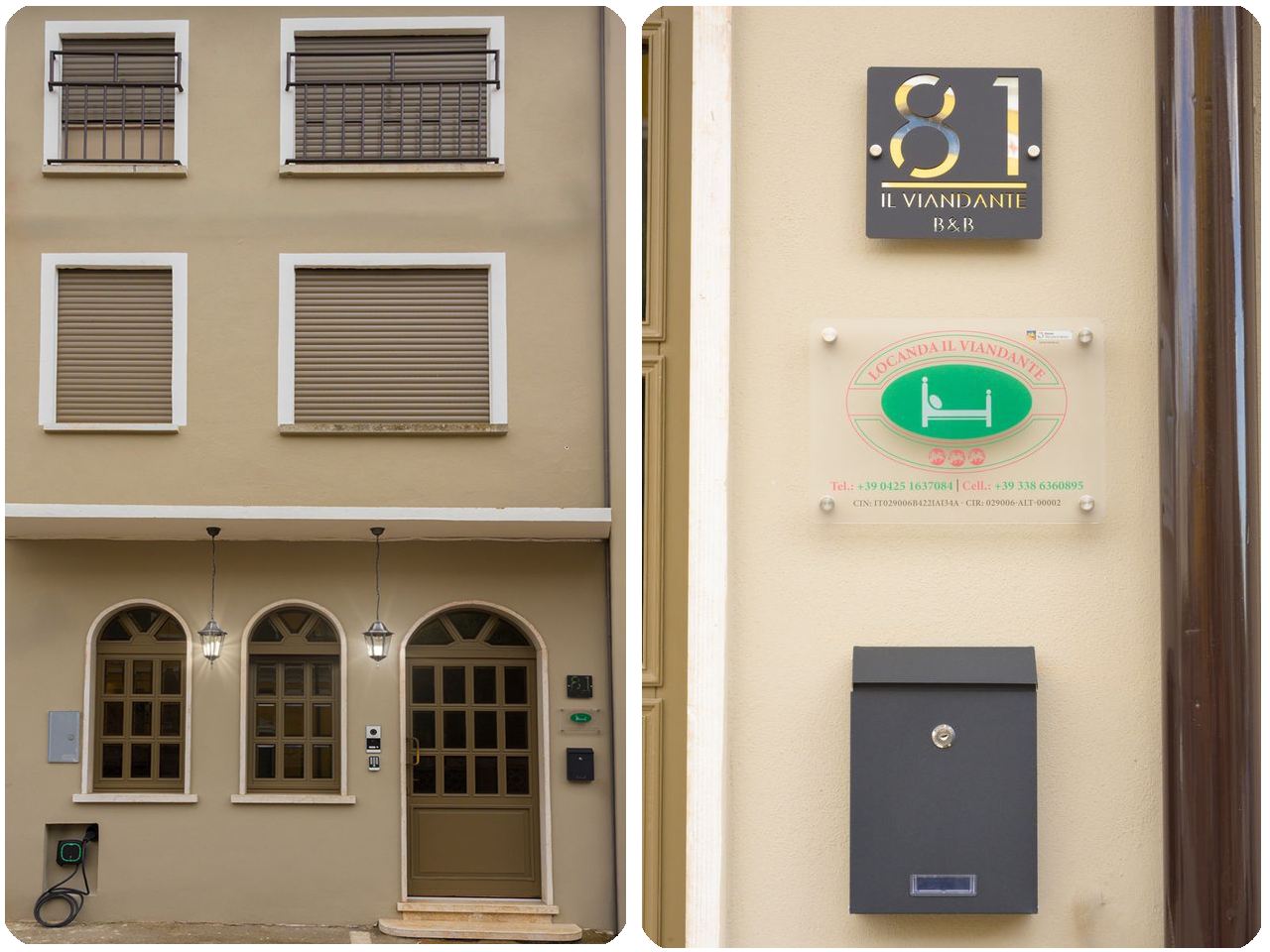 Palazzina con portone di ingresso, insegna e colonnina per ricarica auto elettriche